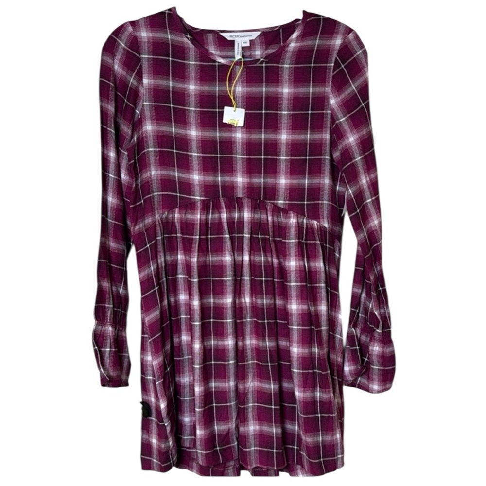 NWT BCBGeneration XXS Plaid Pink Long Sleeve Dress Cotton/Rayon